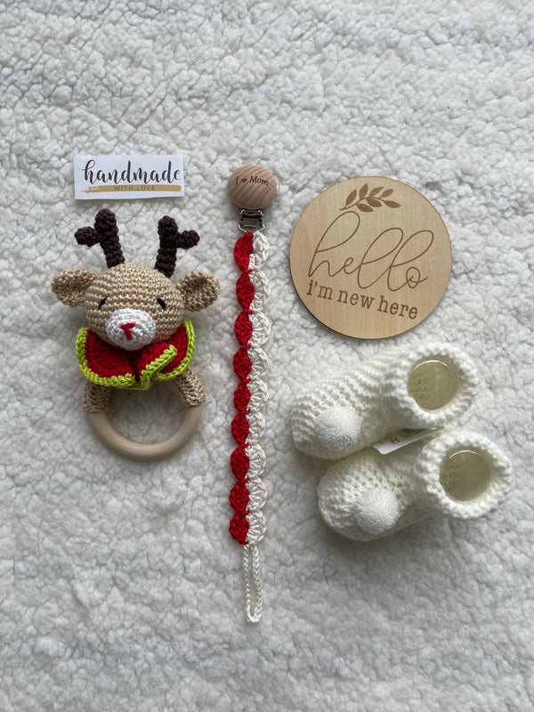 Maminobaby.nl - Hert - Baby Geschenkset meisjes/jongens | Newborn | Handmade Bijtring | Handmade speenkoord | | Handmade haarband | Kraamcadeau | Babyshower