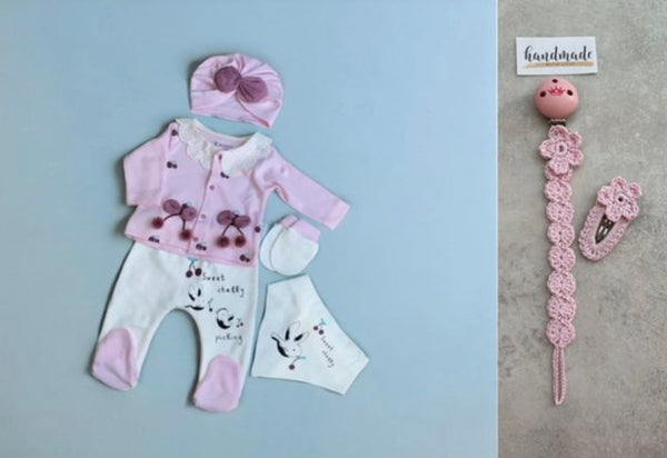 Kersen - Baby newborn 5-delige kleding set meisjes - Fopspeenkoord en haarclip cadeau - Newborn kleding set - Newborn set - Babykleding - Babyshower cadeau - Kraamcadeau