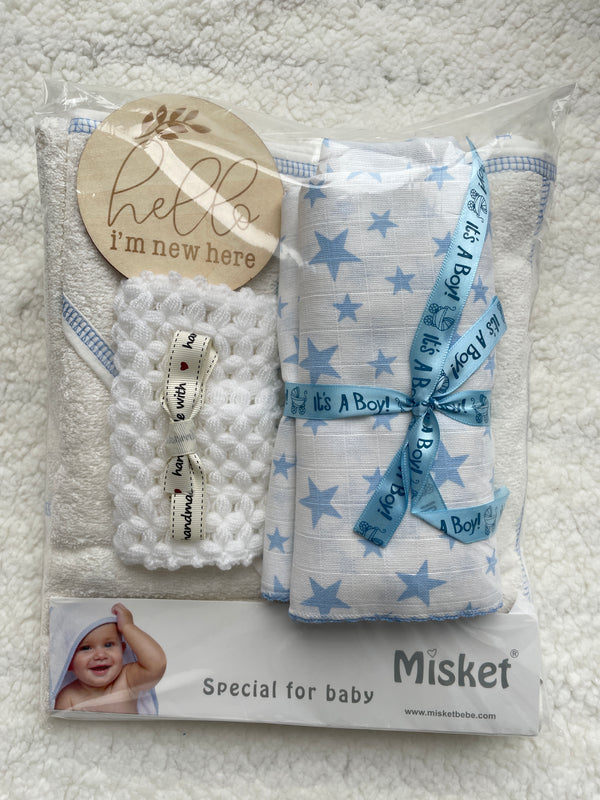 Maminobaby.nl - Baby Geschenkset jongens | Badcape | Handmade washandje | Hydrofiele doek | Kraamcadeau | Babyshower