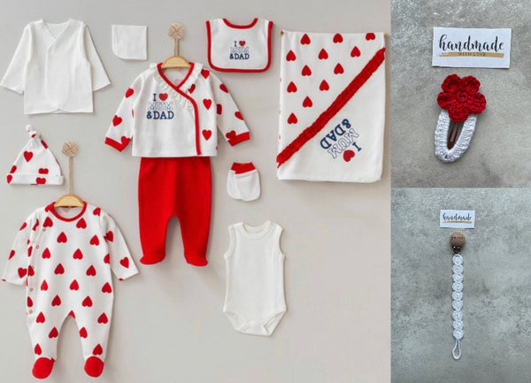 I love mum&dad - Baby newborn 10-delige newborn kleding set meisjes- Fopspeenkoord en haarclip cadeau - Newborn set - Babykleding - Babyshower cadeau - Kraamcadeau