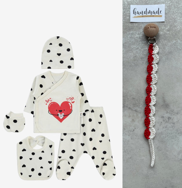 Love - Baby newborn 5-delige kleding set meisjes - Fopspeenkoord cadeau - Newborn kleding set - Newborn set - Babykleding - Babyshower cadeau - Kraamcadeau