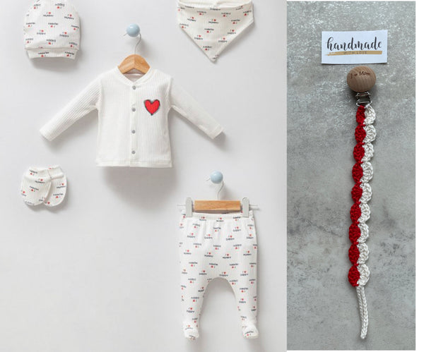 Mummy daddy - Baby newborn 5-delige kleding set jongens/meisjes - Fopspeenkoord cadeau - Newborn kleding set - Newborn set - Babykleding - Babyshower cadeau - Kraamcadeau