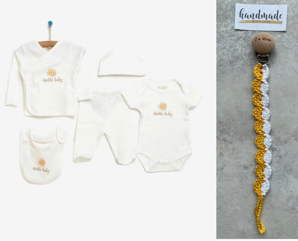 Organic - Hello baby - Newborn 5-delige kleding set jongens/meisjes - Fopspeenkoord cadeau - Newborn kleding set - Newborn set - Babykleding - Babyshower cadeau - Kraamcadeau