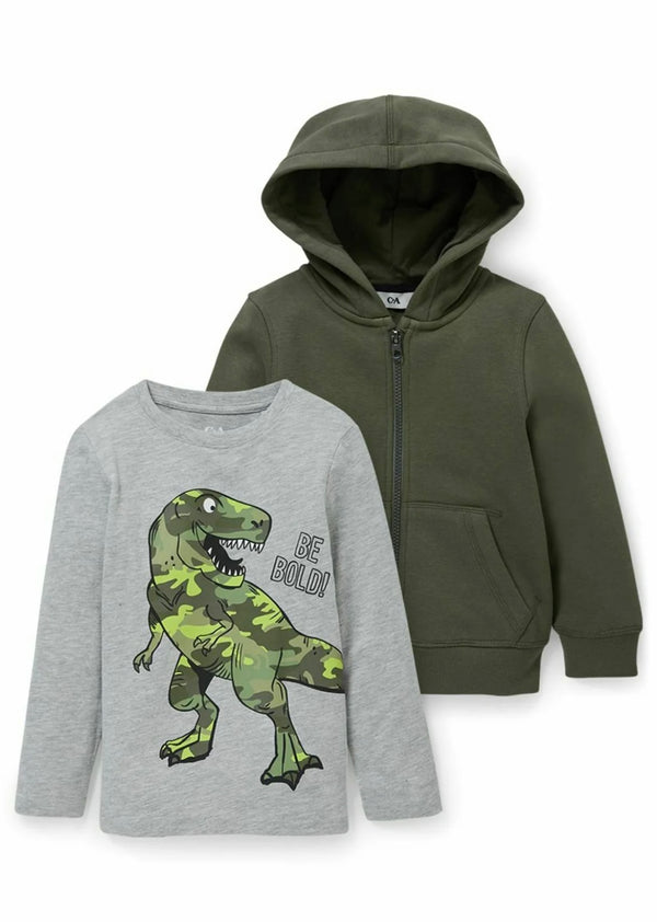 Driedelige dino set- Vest, sweater en tas